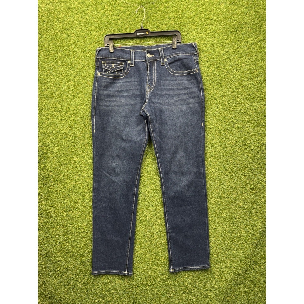 True Religion Jeans Mens 34 Blue Geno Relaxed Slim Distressed Flap Pockets y2k